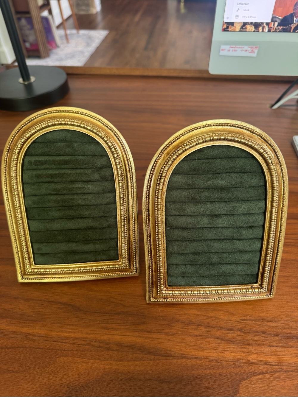 Jewelry Display handmade Green Velvet and Gold Ring Earrings Pads Set of 2